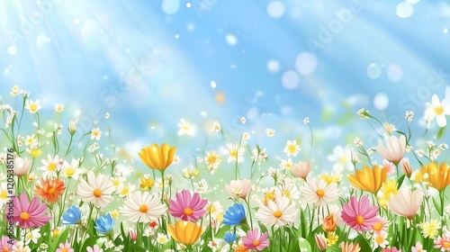  Sunny meadow with colorful blooming wildflowers under a bright blue sky and soft glowing light