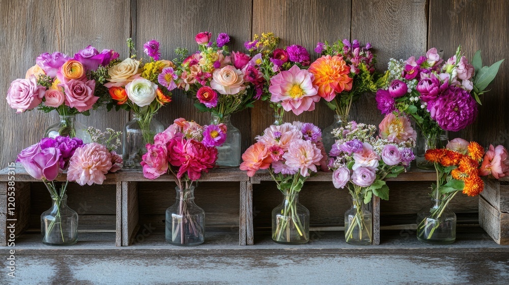 Artistic display of multi-colored flowers arranged in small vases, styled on rustic wooden crates in a floral boutique. Artistic display of multi-colored flowers arranged in small vases, styled on rustic wooden crates in a floral boutique.