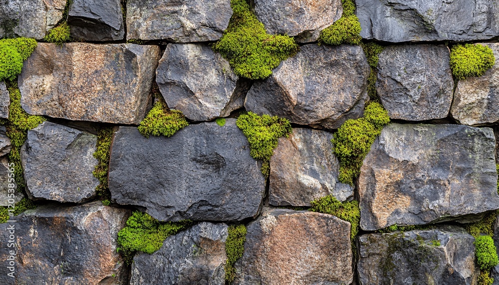 Rustic fieldstone wall adorned with lush moss accents capturing the essence of natural stone texture. Rustic fieldstone wall adorned with lush moss accents capturing the essence of natural stone texture.
