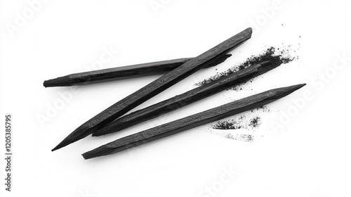 Three black pencils arranged beside a pile of charcoal on a clean white surface, showcasing artistic tools for drawing and sketching.