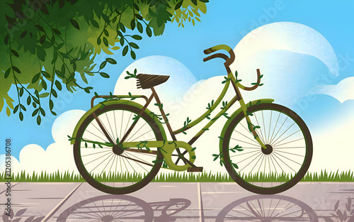 bicycle covered with green leaf tendril. The bicycle is parked in a lush green environment with trees. healthy green lifestyle concept bicycle indicating eco and environment concept.