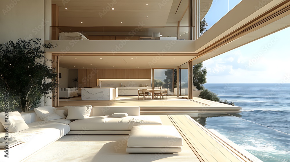 Fototapeta premium Oceanfront luxury villa living room, sunrise, cliffside