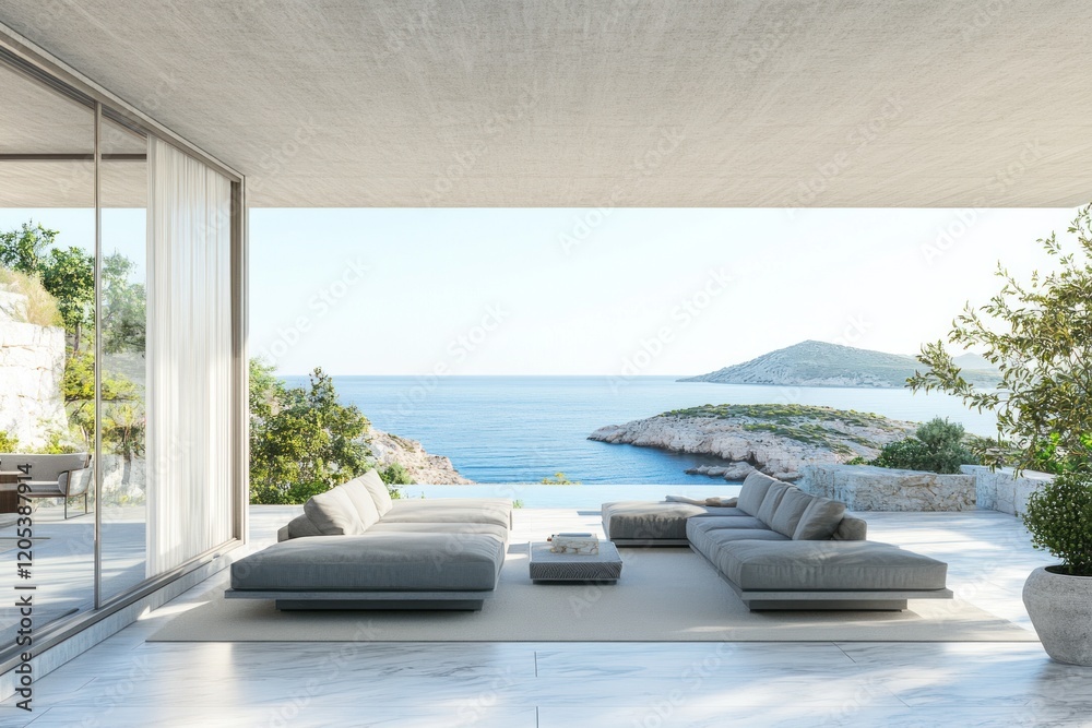 Fototapeta premium Modern patio furniture overlooking ocean.