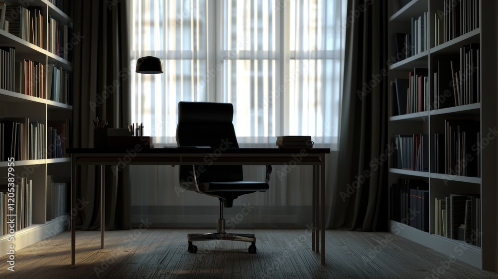 Serene Study: A Dark and Quiet Workspace with Bookshelves and Natural Light Serene Study: A Dark and Quiet Workspace with Bookshelves and Natural Light