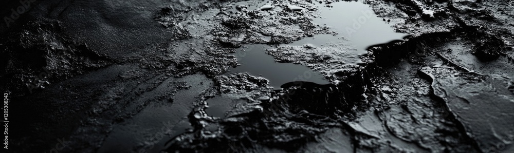 Dark oil collects on a textured surface, illustrating the impact of oil extraction activities. The focus is on the pooling liquid amidst rough, uneven terrain Dark oil collects on a textured surface, illustrating the impact of oil extraction activities. The focus is on the pooling liquid amidst rough, uneven terrain
