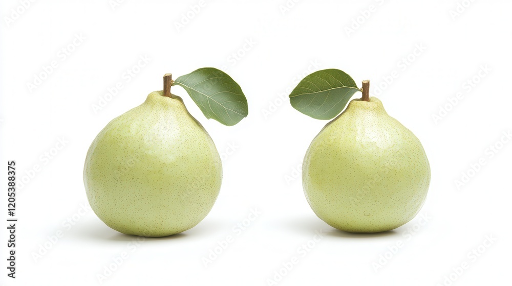 Two ripe pears with vibrant green leaves are placed elegantly on a clean white surface, showcasing their natural beauty and freshness. Two ripe pears with vibrant green leaves are placed elegantly on a clean white surface, showcasing their natural beauty and freshness.