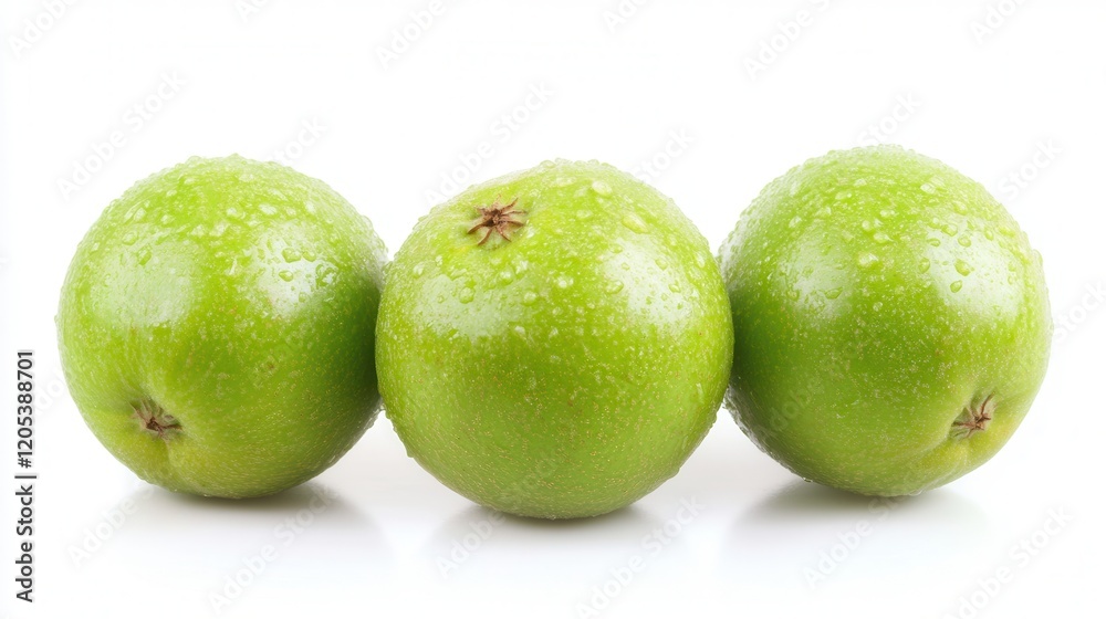 Three vibrant green apples are arranged neatly next to each other on a clean white surface, showcasing their fresh appearance and shiny skins. Three vibrant green apples are arranged neatly next to each other on a clean white surface, showcasing their fresh appearance and shiny skins.