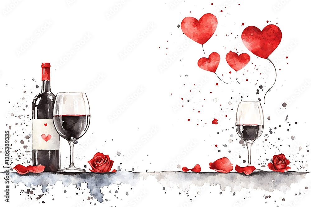 Fototapeta premium Watercolor love theme valentine's day celebration with romantic wine and heartfelt roses