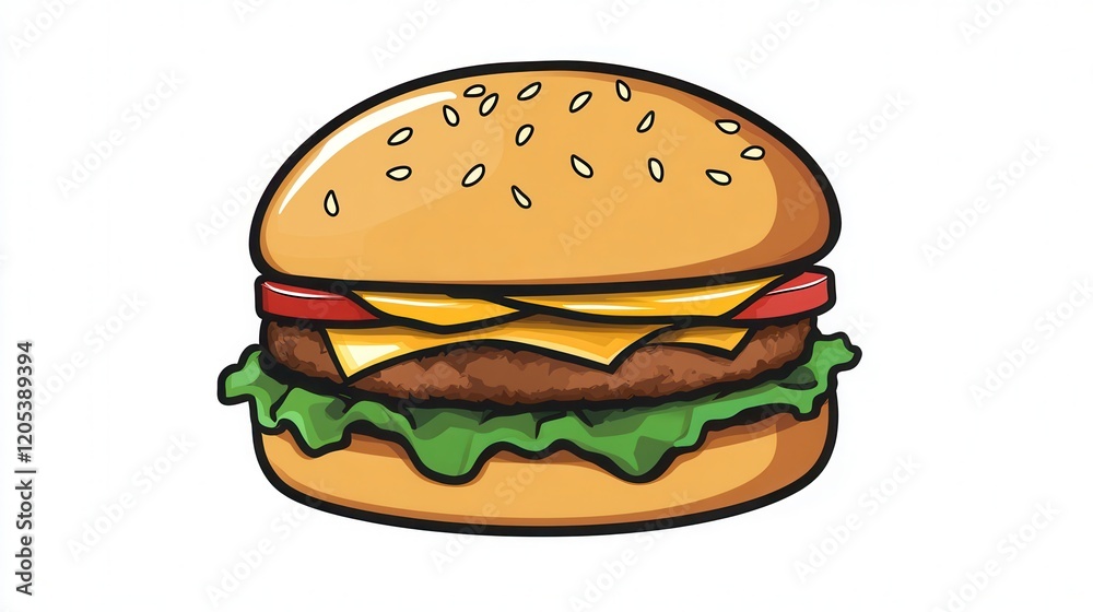 A colorful cartoon hamburger featuring cheese and lettuce, set against a clean white background, showcasing appetizing details and vibrant colors. A colorful cartoon hamburger featuring cheese and lettuce, set against a clean white background, showcasing appetizing details and vibrant colors.