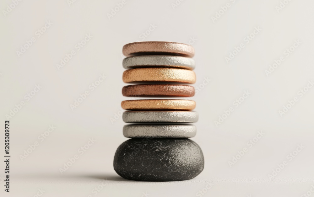 Stacked decorative rings on black base minimalist studio setting digital art neutral background conceptual design Stacked decorative rings on black base minimalist studio setting digital art neutral background conceptual design