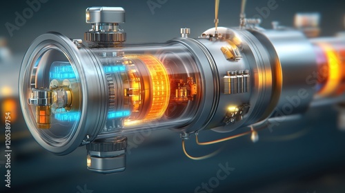 Advanced cylindrical reactors glowing with radiant colors, 3D illustration photo