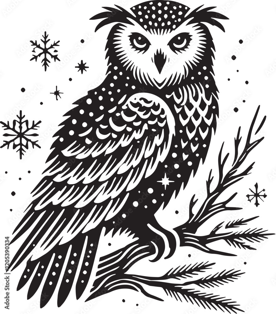 Fototapeta premium Black Color Snowy Owl Silhouette Vector Illustration, Solid White Background. minimal vector design