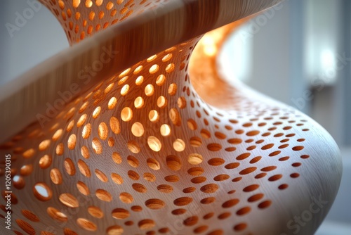 Modern wooden sculpture with an intricate lattice design, emphasizing transparency and the play of light through the material.