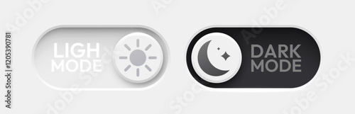 On and Off toggle switch buttons. Dark mode and light mode. Material design switch set. Day and night mode switch button.