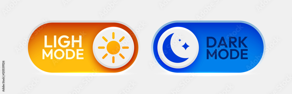 On and Off toggle switch buttons. Dark mode and light mode. Material design switch set. Day and night mode switch button.