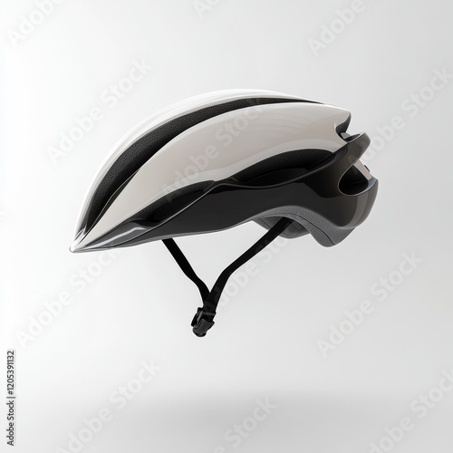 Sleek white and black bicycle helmet, angled view. photo