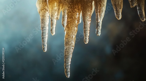 tapering structure hanging like an icicle from the roof of a cave, formed of calcium salts deposited by dripping water. photo