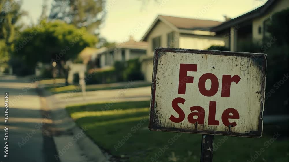 Weathered for sale sign stands prominently in front of a blurred residential neighborhood, suggesting property availability and inviting potential buyers to explore homeownership Weathered for sale sign stands prominently in front of a blurred residential neighborhood, suggesting property availability and inviting potential buyers to explore homeownership