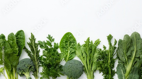 A close-up view of fresh green vegetables arranged neatly on a clean white surface, highlighting their vibrant colors and textures. photo