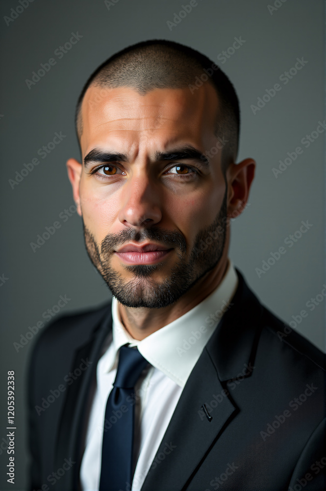 Confident man in a black suit and tie, with a sharp gaze and neatly groomed beard, posing against a plain background. A professional portrait exuding authority and sophistication. Confident man in a black suit and tie, with a sharp gaze and neatly groomed beard, posing against a plain background. A professional portrait exuding authority and sophistication.