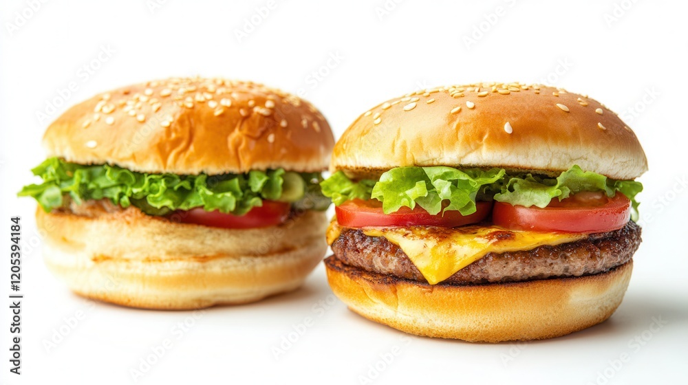 Two delicious hamburgers topped with cheese and fresh lettuce on a clean white background, highlighting their appetizing features. Two delicious hamburgers topped with cheese and fresh lettuce on a clean white background, highlighting their appetizing features.
