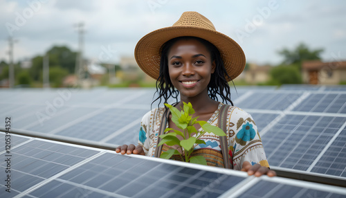 A smiling woman wearing a straw hat and plaid shirt standing in a solar farm, representing commitment to renewable energy, environmental conservation, and sustainable technology solutions. photo