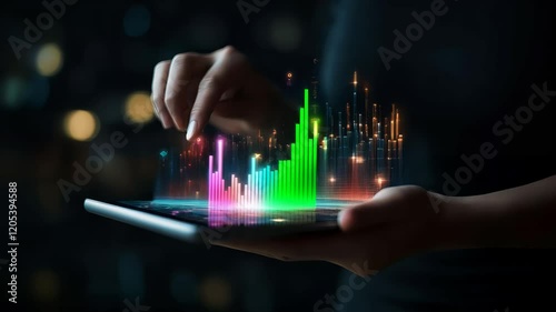 Businesswoman using tablet and analyzing colorful hologram stock market chart, representing investment, finance, trading, and financial technology