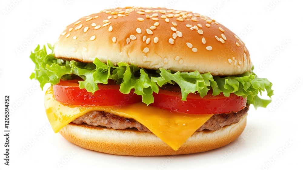 A delicious sandwich featuring a savory a-shaped patty topped with cheese, fresh lettuce, and ripe tomato on a soft bun. A delicious sandwich featuring a savory a-shaped patty topped with cheese, fresh lettuce, and ripe tomato on a soft bun.