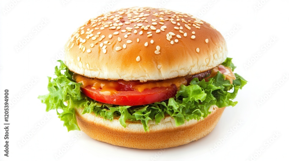 A delicious hamburger featuring fresh lettuce, ripe tomato, and melted cheese nestled in a soft bun, perfect for a satisfying meal. A delicious hamburger featuring fresh lettuce, ripe tomato, and melted cheese nestled in a soft bun, perfect for a satisfying meal.