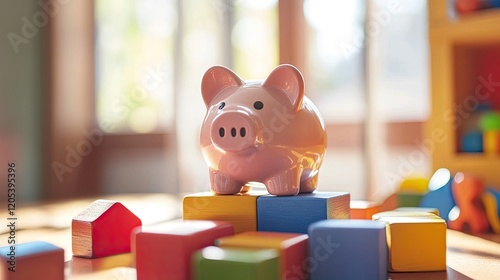 A ceramic piggy bank sitting on a colorful wooden toy block, representing childhood savings. photo