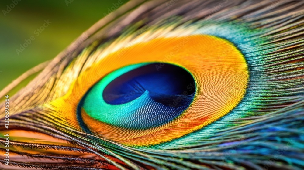Obraz premium Close-up view of a vibrant peacock feather showcasing intricate patterns and bright colors during daylight