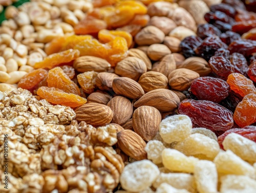 A detailed shot of gluten-free snacks, featuring nuts, dried fruits