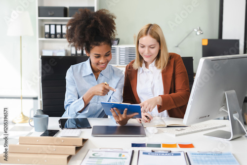 Diverse professionals collaborate on project analysis with financial graphs. Strategic teamwork and insights drive company growth and success. photo