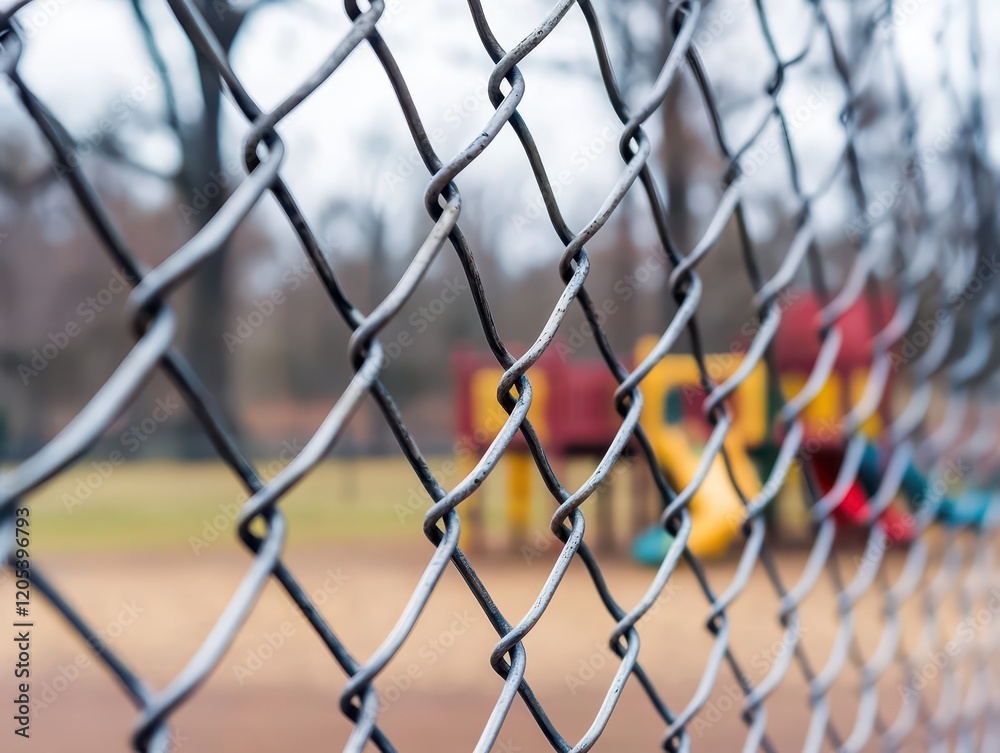 Fototapeta premium Chain Link Fence Enclosing Vibrant Playground with Colorful Equipment Surrounded by Lush Green Grass Under a Bright Clear Sky for Joyful Outdoor Fun