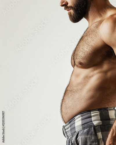 Dad bod, man showing his belly with muscular torso and hairy chest