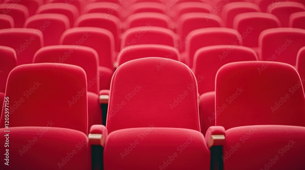 Fototapeta premium Rows of red chairs in an empty theater awaiting an audience for a performance