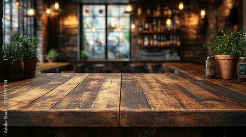 an empty wooden table top with a blurred background