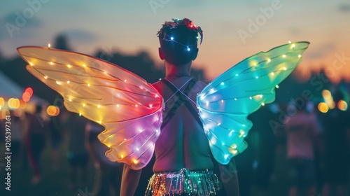 Person with illuminated wings enjoys a colorful celebration at an outdoor festival in the evening photo