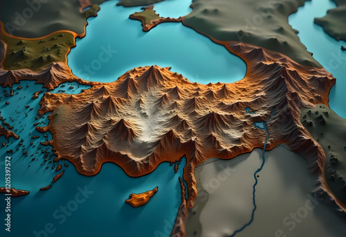 Stunning 3d Anatolian Plateau Map Turkey's Mountains and Coastline photo