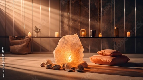 Fototapeta Naklejka Na Ścianę i Meble -  A photo of a peaceful yoga space with a Himalayan salt