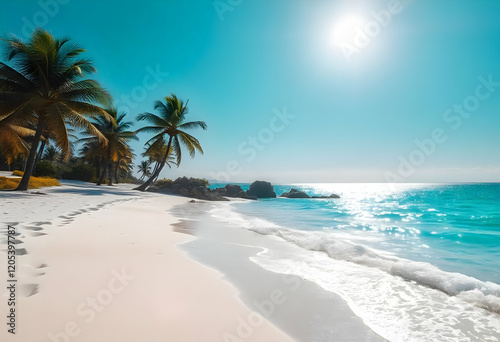 Stunning Tropical Beach Scene with Palm Trees and Turquoise Water