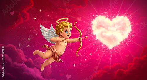 Valentine day theme, A playful cherub Cupid in mid-air, holding a bow and arrow, aiming toward a heart-shaped cloud, surrounded by sparkling stars and vibrant pink and red hues in the background