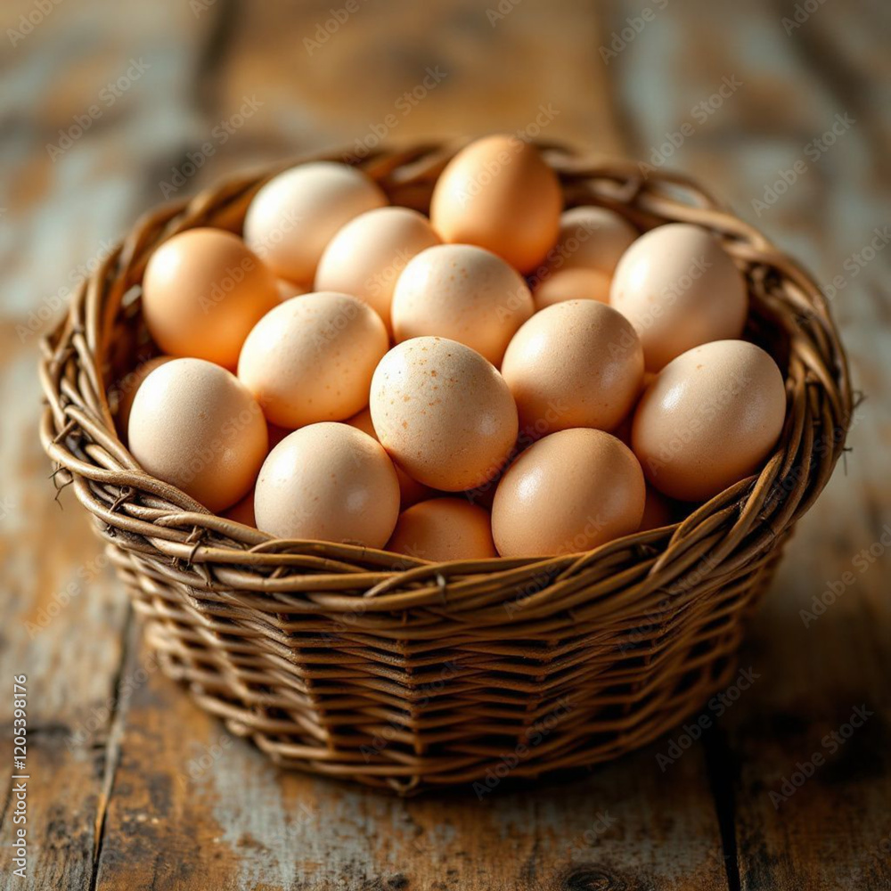 Basket filled with organic eggs from a farm Basket filled with organic eggs from a farm