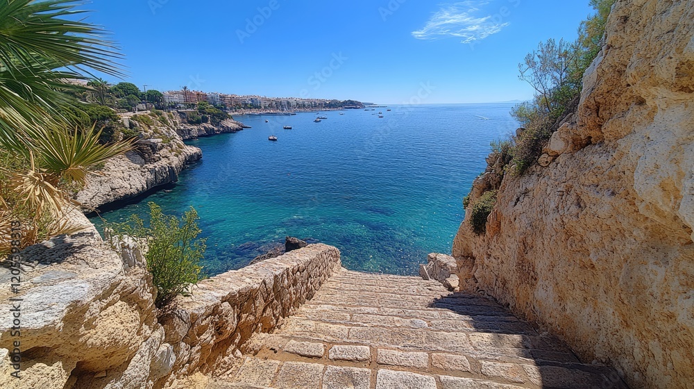 Serene coastal view with stone steps leading down to clear blue water and boats in the distance Serene coastal view with stone steps leading down to clear blue water and boats in the distance