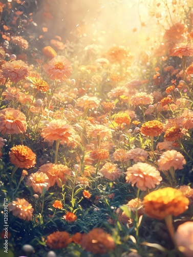 Wallpaper Mural lush field of marigolds, the yellow and orange flowers glowing as the sunlight filters through the petals, casting delicate shadows Torontodigital.ca