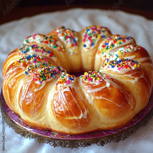 Kings Cake Rosca de Reyes for Mardi Gras Celebration. Delicious Sweet Pastry Dessert for Bakery photo