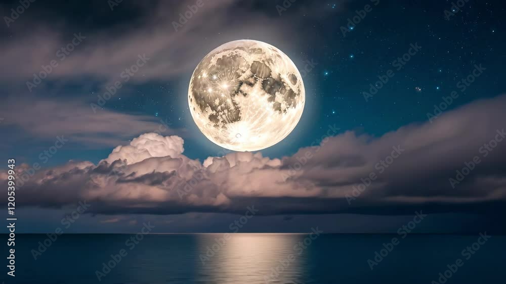 Vivid moon illuminated over clouds and ocean creates serene, tranquil night atmosphere with stunning star filled sky Vivid moon illuminated over clouds and ocean creates serene, tranquil night atmosphere with stunning star filled sky