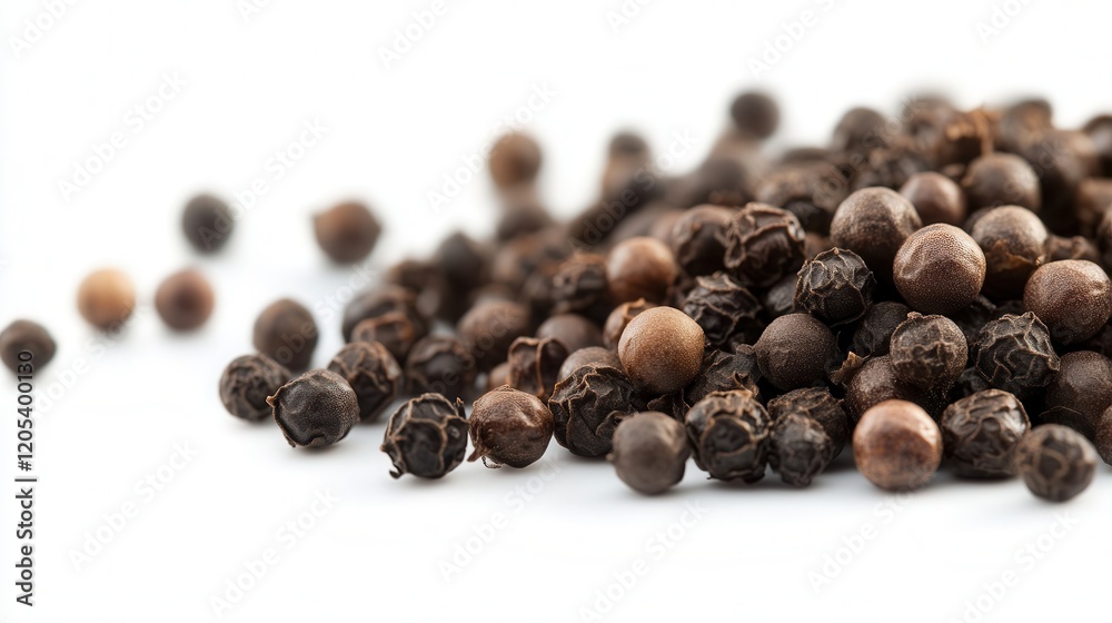 A detailed close-up of black pepper seeds resting on a clean white surface, showcasing their unique texture and color. A detailed close-up of black pepper seeds resting on a clean white surface, showcasing their unique texture and color.