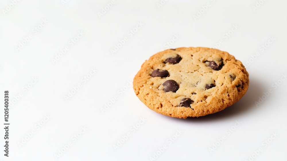 A freshly baked chocolate chip cookie rests on a clean white surface, showcasing its golden-brown edges and gooey chocolate chunks. A freshly baked chocolate chip cookie rests on a clean white surface, showcasing its golden-brown edges and gooey chocolate chunks.