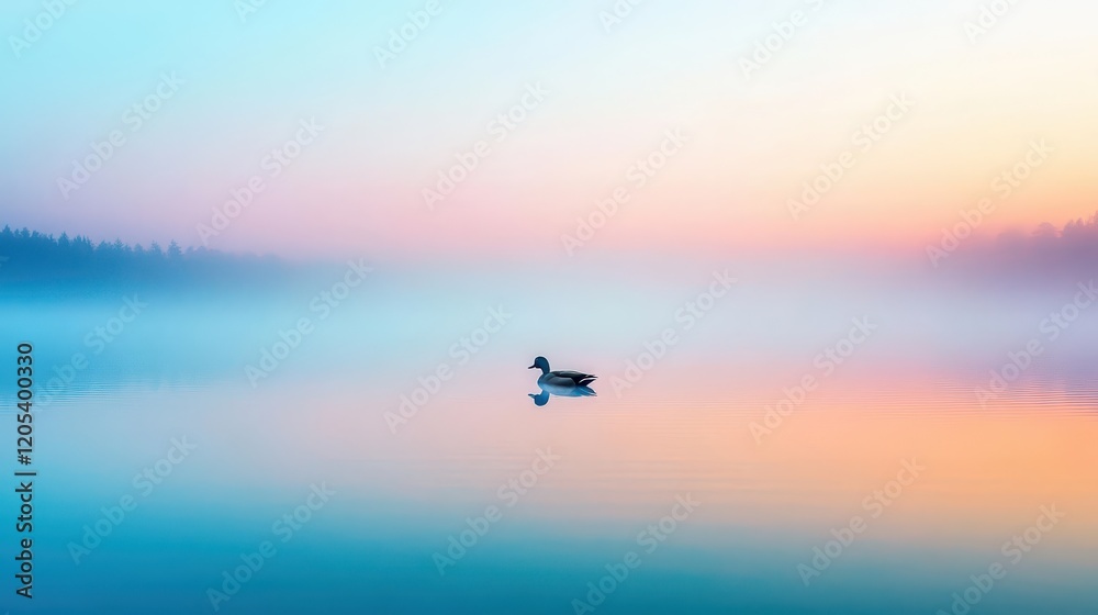 Fototapeta premium A duck on a calm foggy lake at dawn, ethereal and mysterious atmosphere